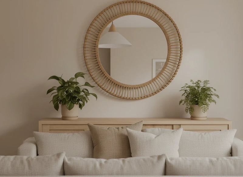 decorative mirror above sofa