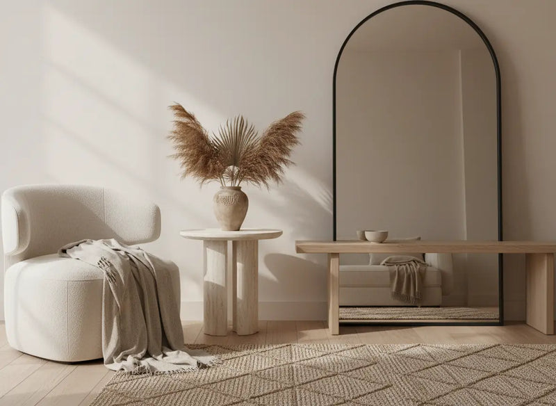 arch mirror, armchair, side table