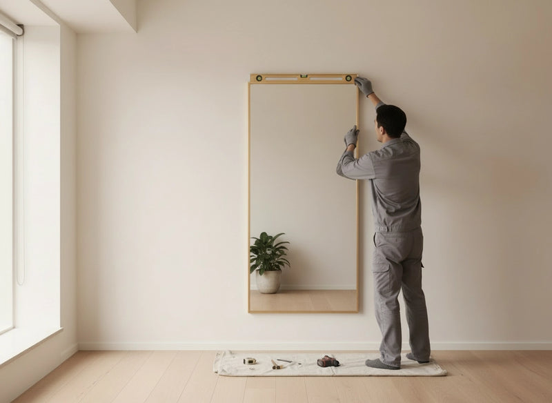 A man installing a mirror on the wall