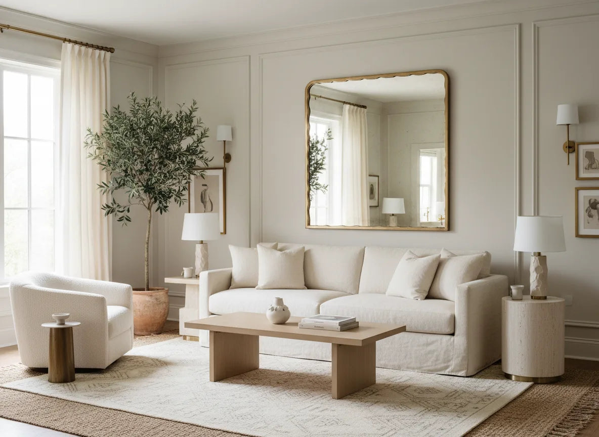 Modern living room with a white sofa, coffee table, and decorative elements.