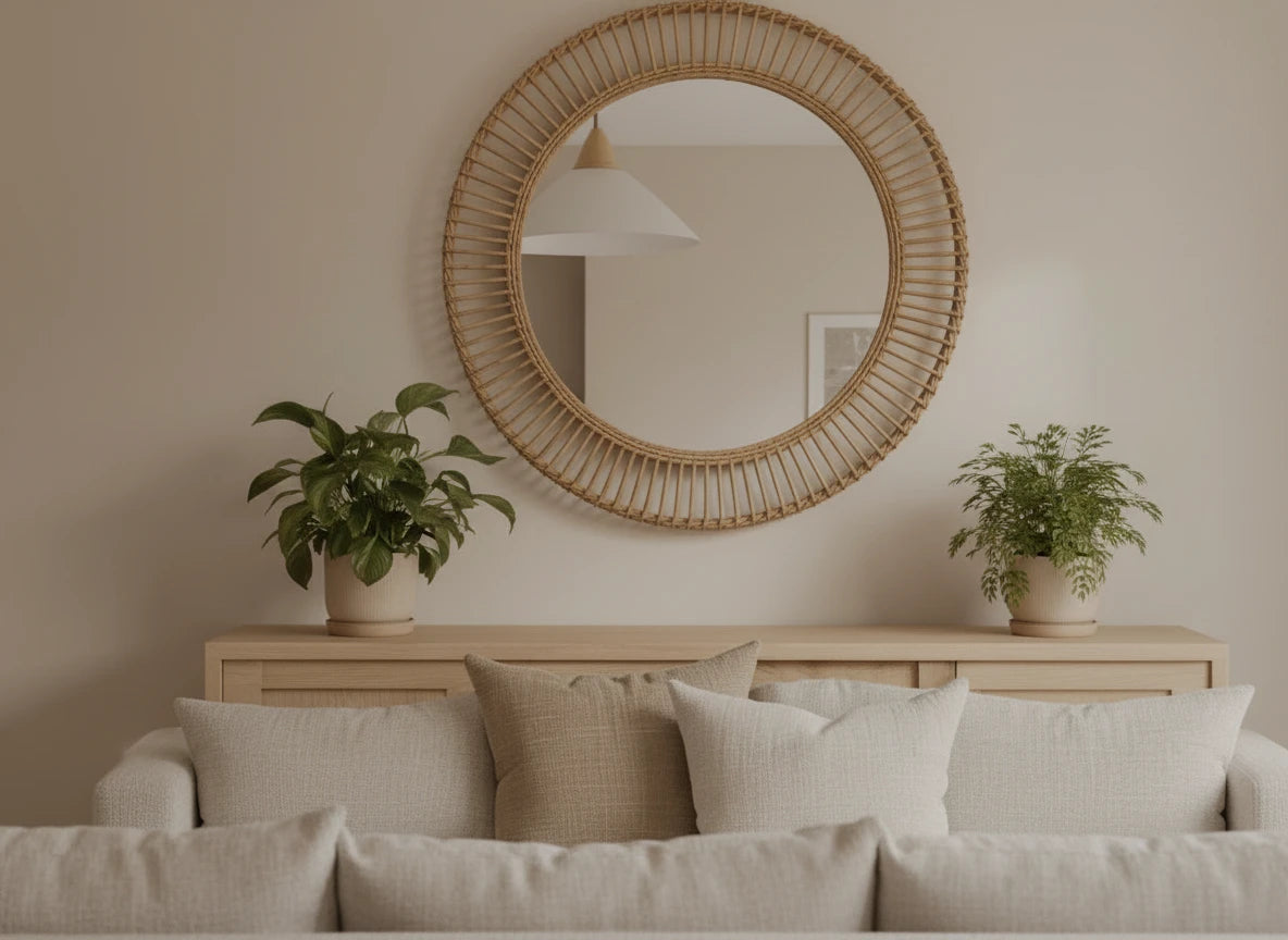 Bali style living room with a round rattan mirror, plants, and a beige sofa.