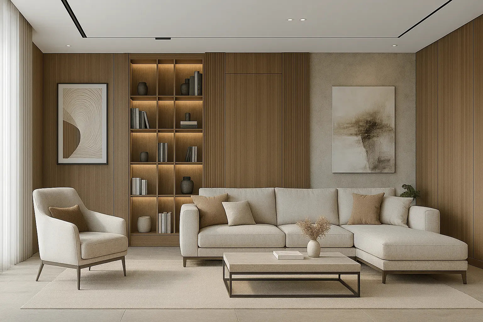 Modern living room with beige sofa, armchair, and bookshelf.